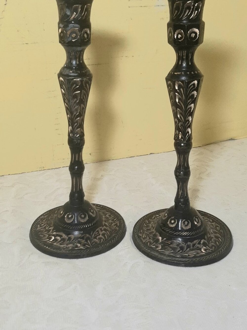 Vintage Black and Gold finely etched brass Taper candle holders